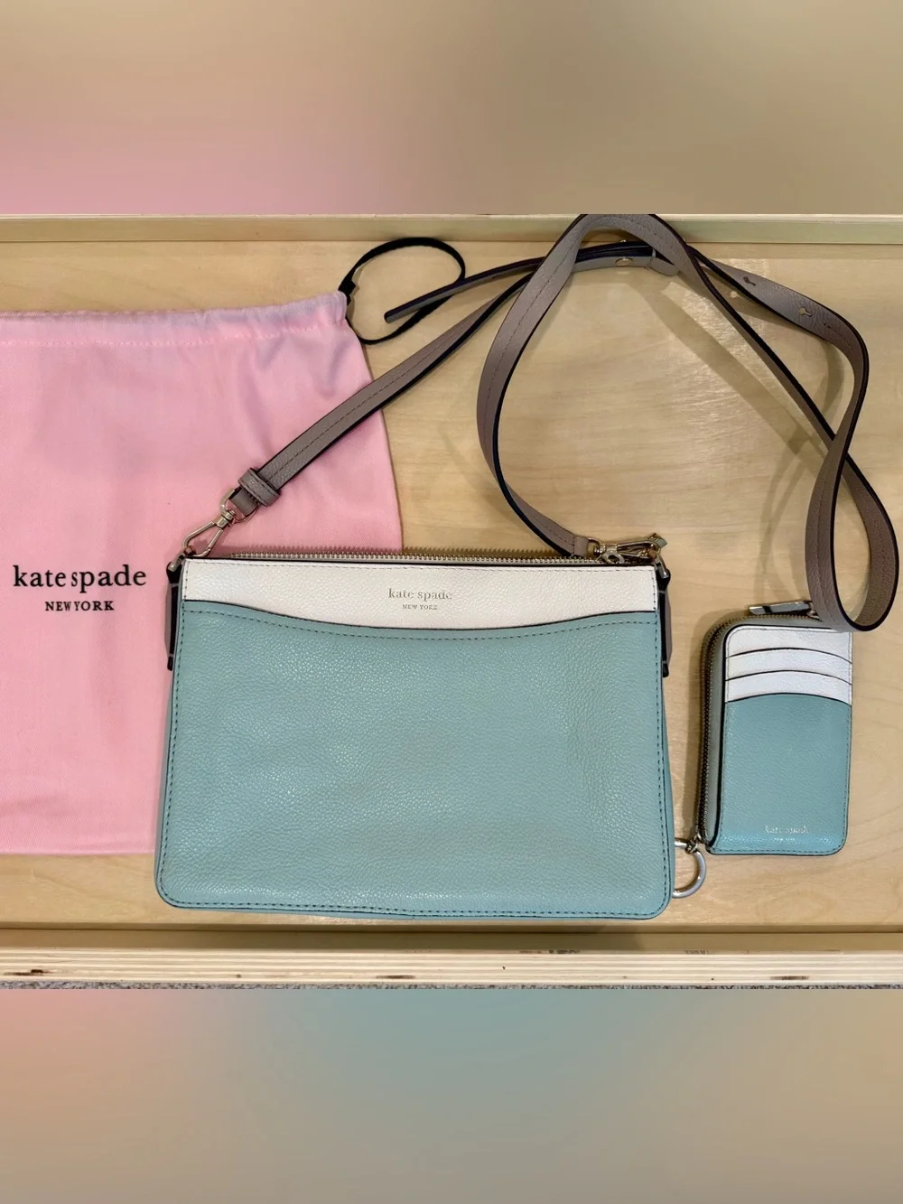 kate spade Seafoam and White Pebbled Leather Crossbody with Taupe Strap